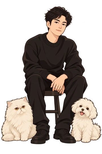 Mengbo与猫狗的 2D 插画