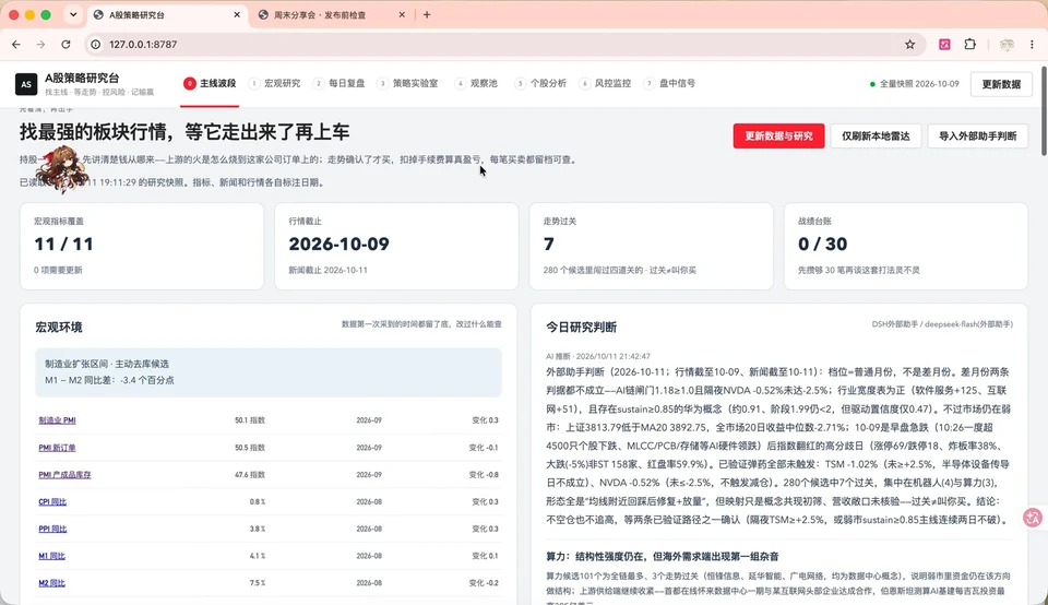 A 股研究台的研究记录与风险计算真实界面